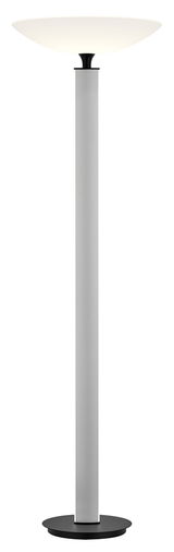 Moderne LED-Stehleuchte in silberner Farbe mit rundem Sockel und breitem, flachem Lampenschirm, frontal abgebildet.