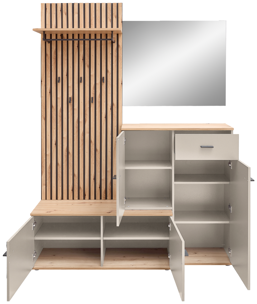 Kompaktgarderobe mit Holz- und Metallelementen, offene Schränke und Schubladen, Spiegel, frontale Ansicht