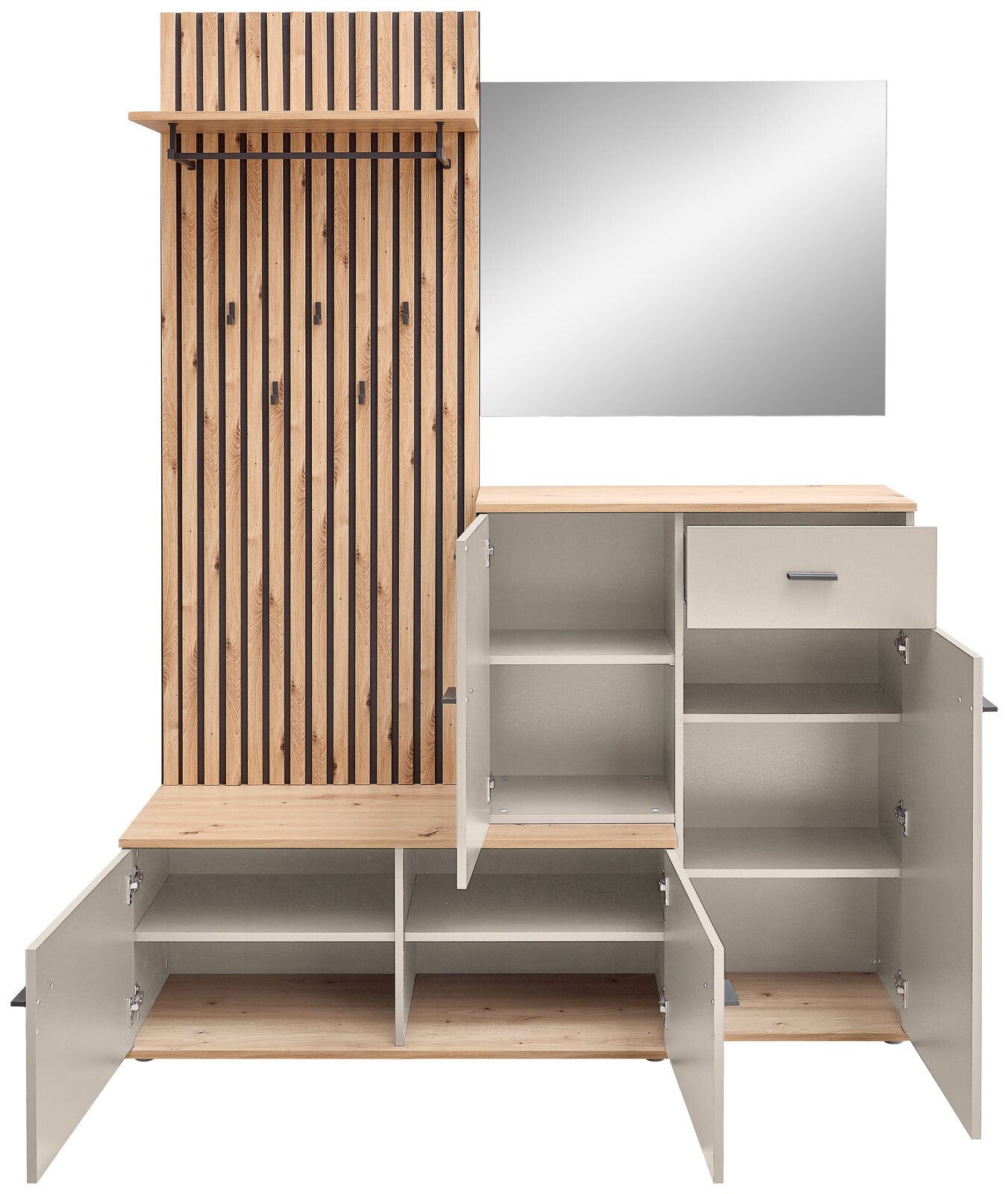 Kompaktgarderobe mit Holz- und Metallelementen, offene Schränke und Schubladen, Spiegel, frontale Ansicht