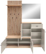 Kompaktgarderobe mit Holz- und Metallelementen, offene Schränke und Schubladen, Spiegel, frontale Ansicht