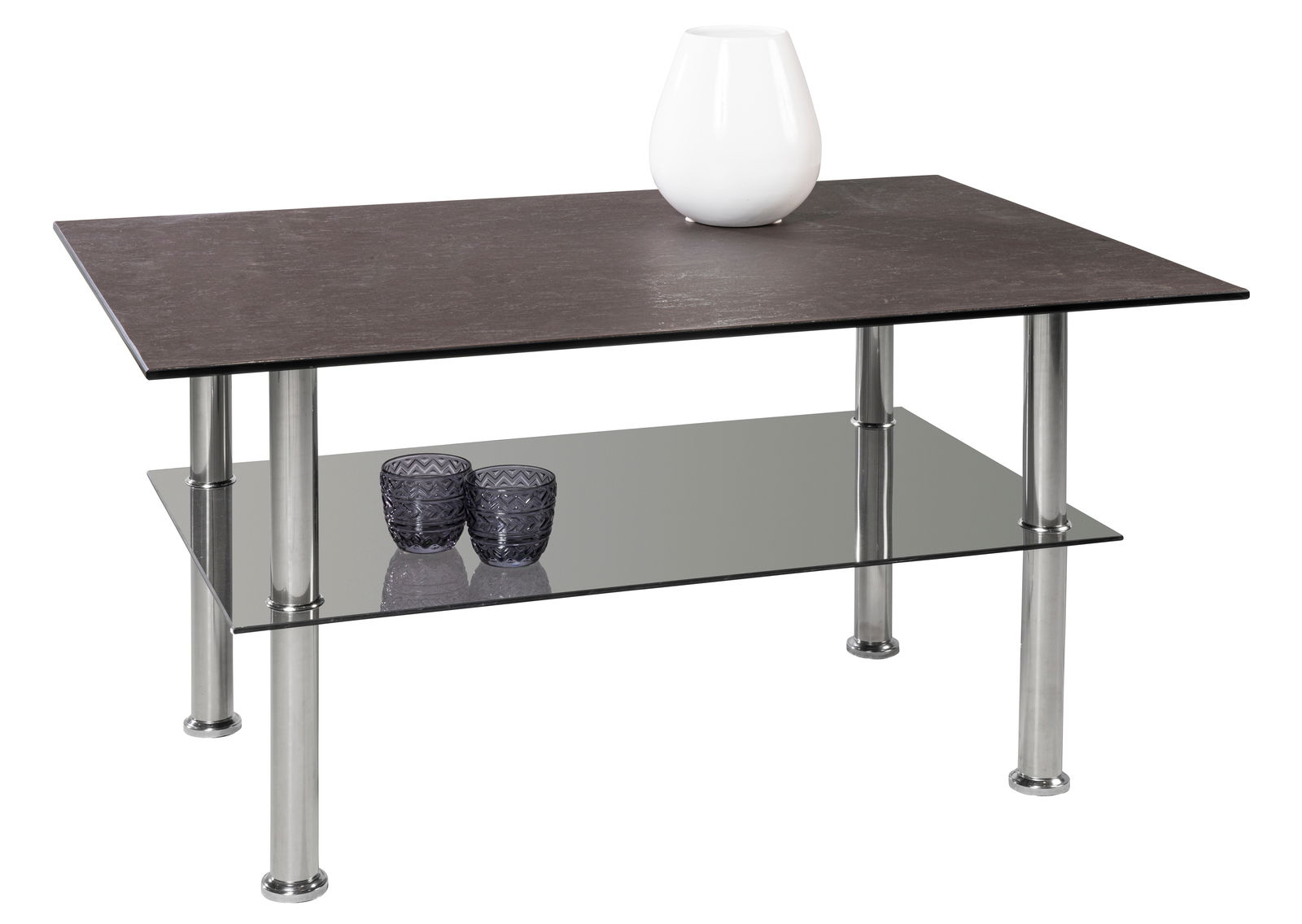 Moderner Couchtisch mit dunkler Tischplatte, Glasablage und silbernen Beinen, seitliche Perspektive