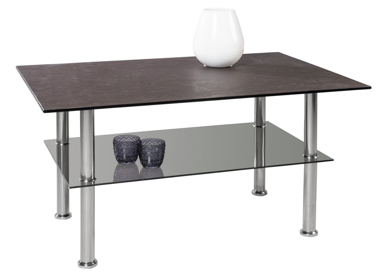 Moderner Couchtisch mit dunkler Tischplatte, Glasablage und silbernen Beinen, seitliche Perspektive