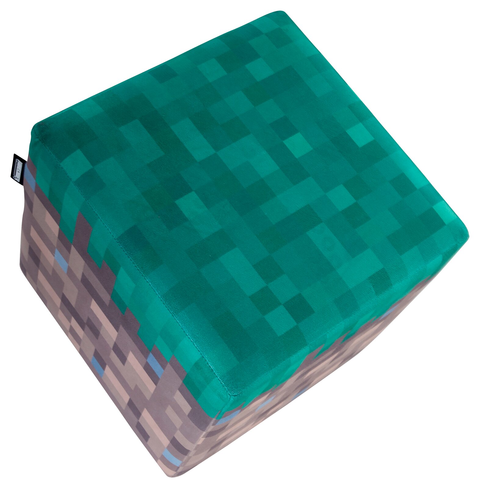 Würfelförmiges, gepolstertes Kissen im Pixel-Design in Türkis und Grau, freigestellt auf weißem Hintergrund, schräg von oben in 3/4-Perspektive fotografiert