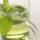 Nahaufnahme eines Teeglases Novo 360ml mit grünem Tee und frischen Minzblättern, seitliche Perspektive