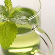 Close-up van een Novo-theeglas van 360 ml met groene thee en verse muntblaadjes, gezien vanaf de zijkant