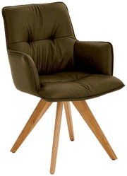 Design-Schalensessel in Olivgrün mit gepolstertem Sitz und Rückenlehne, auf vier Holzbeinen, seitliche Perspektive