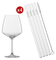 Set aus vier Cocktailgläsern und fünf Glasstrohhalmen mit Reinigungsbürste, seitliche Ansicht