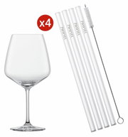 Set van vier cocktailglazen en vijf glazen rietjes met reinigingsborsteltje, zijaanzicht