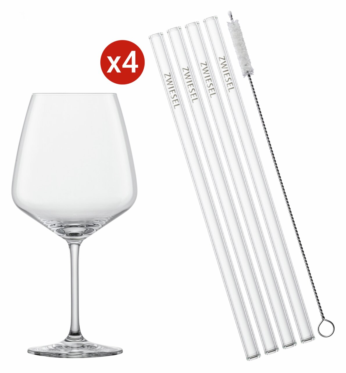 Set van vier cocktailglazen en vijf glazen rietjes met reinigingsborsteltje, zijaanzicht