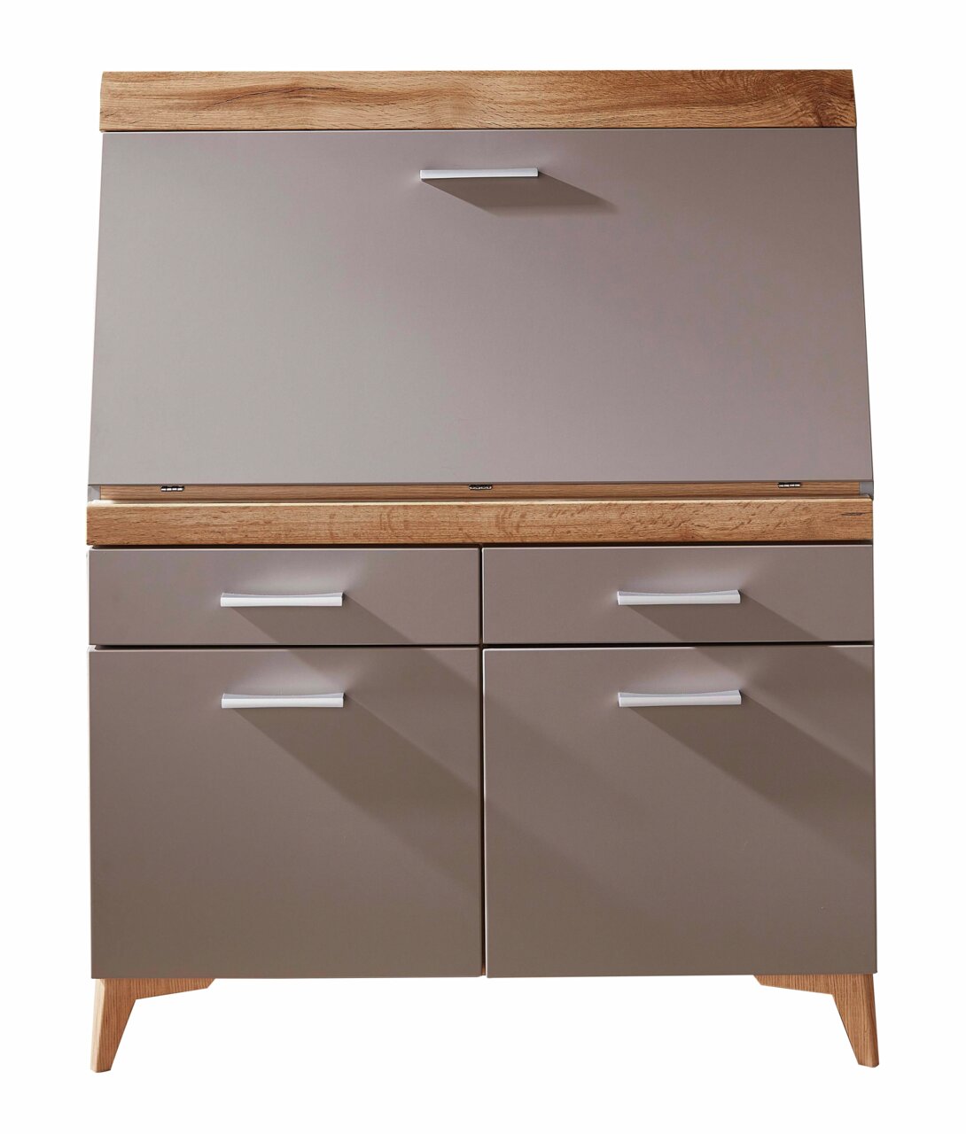 Moderner Sekretär aus Holz mit Klappfach und Schubladen, Frontalansicht