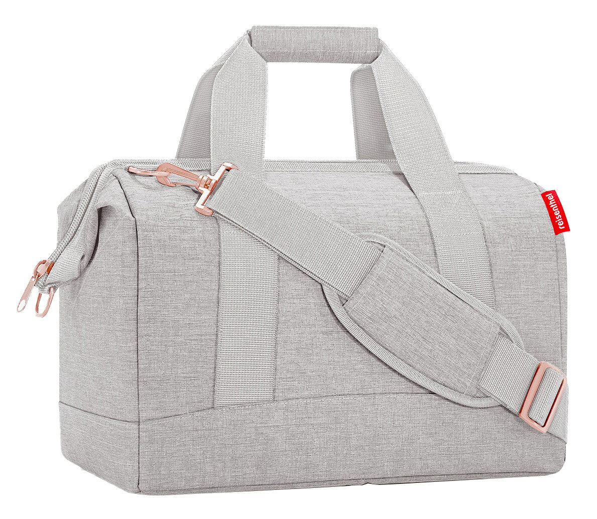 Graue Reisetasche mit Tragegriff und Schultergurt, seitliche Perspektive