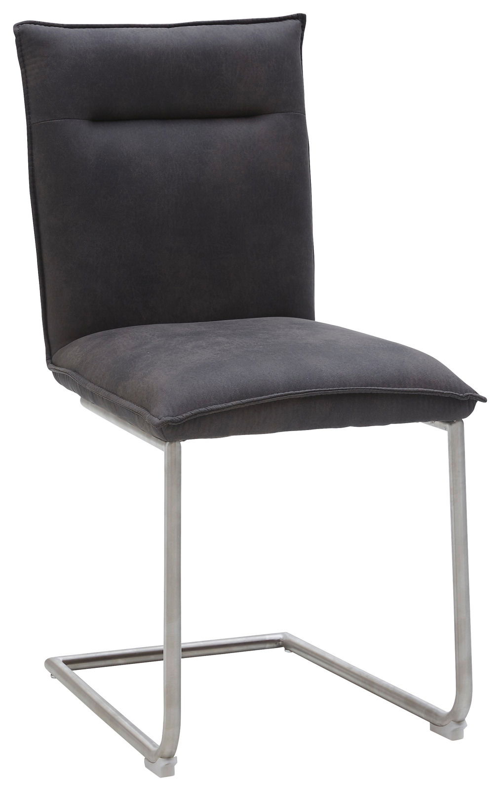 Freischwinger-Stuhl in dunklem Stoffbezug mit Metallgestell, seitliche Perspektive