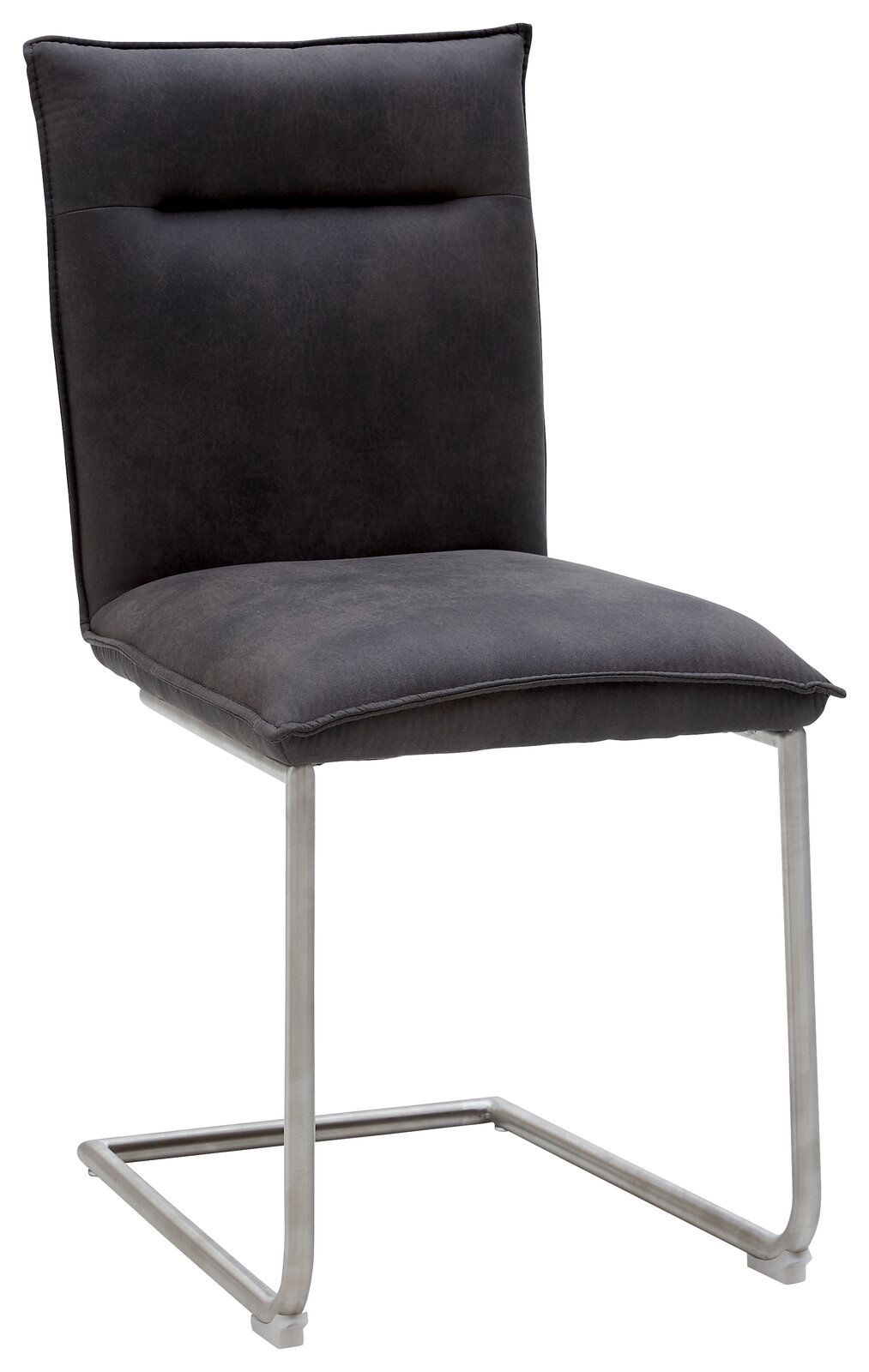 Freischwinger-Stuhl in dunklem Stoffbezug mit Metallgestell, seitliche Perspektive