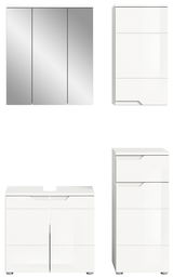 Moderne Badkombination mit Spiegelschrank, Hochschrank und Unterschrank in weißer Hochglanzoptik, Frontalansicht
