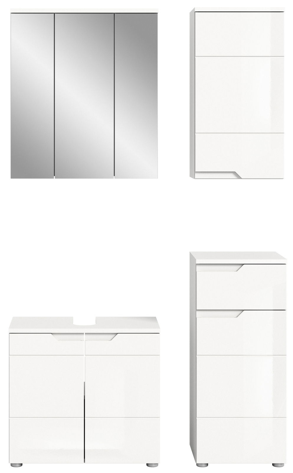Moderne Badkombination mit Spiegelschrank, Hochschrank und Unterschrank in weißer Hochglanzoptik, Frontalansicht