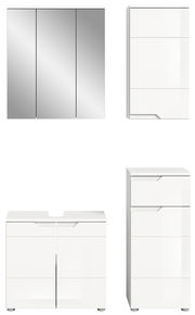 Moderne Badkombination mit Spiegelschrank, Hochschrank und Unterschrank in weißer Hochglanzoptik, Frontalansicht