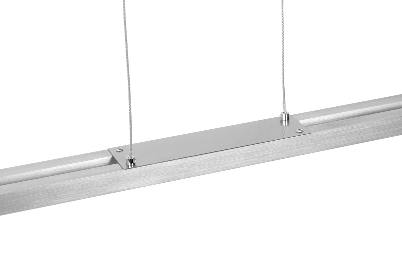 Moderne LED-Hängeleuchte aus gebürstetem Metall, seitliche Perspektive