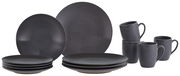 Kombiservice Bella Vista 24-teilig in dunklem Grau, bestehend aus Tellern und Tassen, aus seitlicher Perspektive fotografiert.