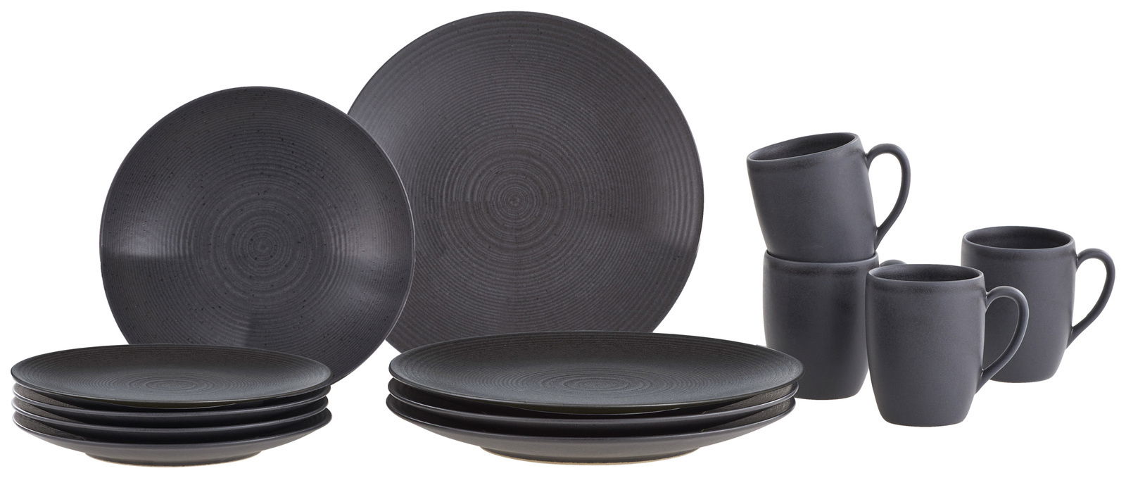 Kombiservice Bella Vista 24-teilig in dunklem Grau, bestehend aus Tellern und Tassen, aus seitlicher Perspektive fotografiert.