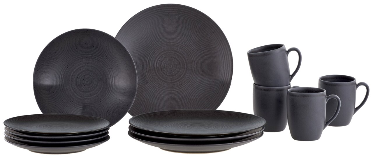 ASA SELECTION Kombiservice 24-tlg. BELLA VISTA Kombiservice Bella Vista 24-teilig in dunklem Grau, bestehend aus Tellern und Tassen, aus seitlicher Perspektive fotografiert.