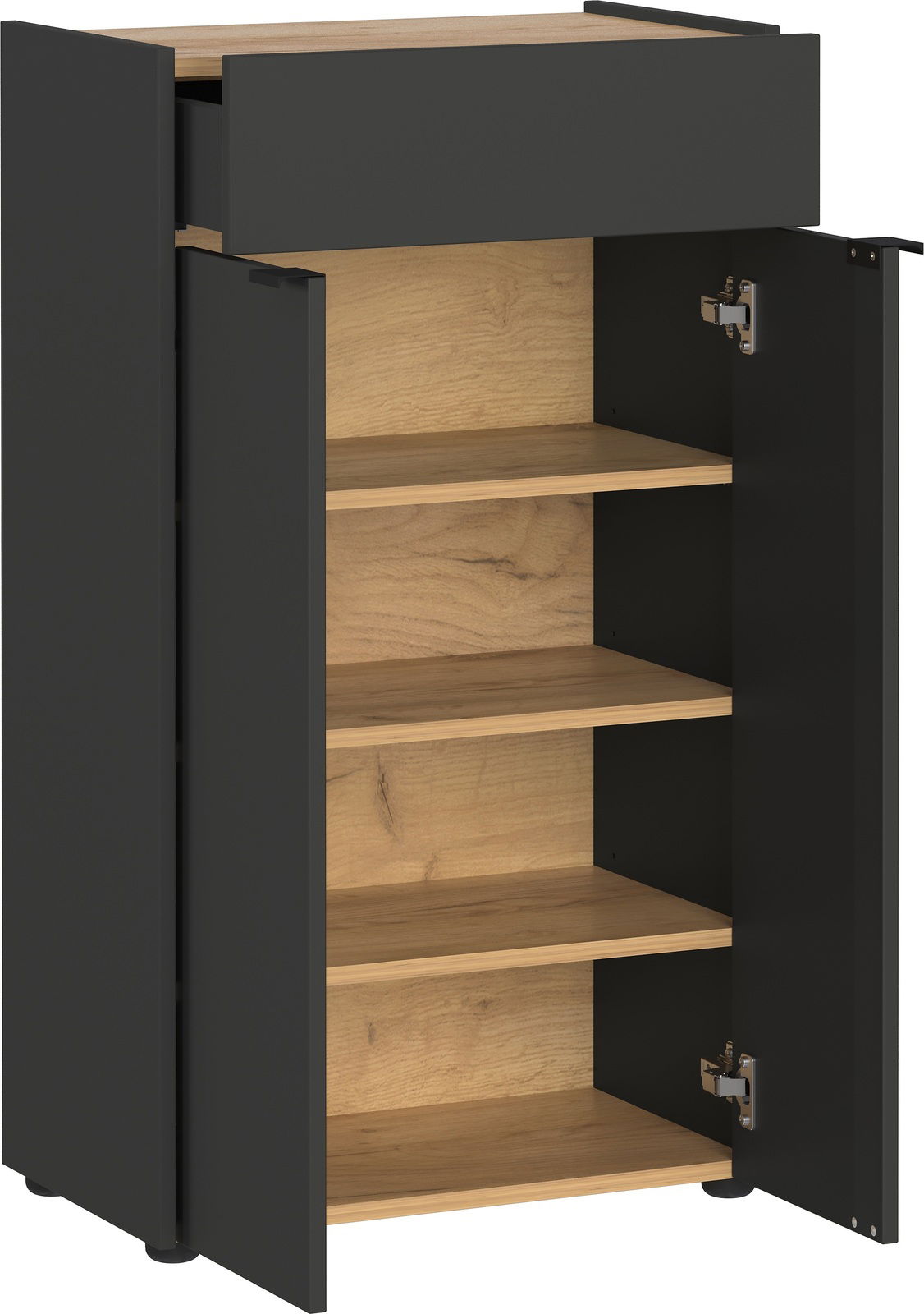 Schwarze Kommode mit Holzregalen, geöffnete Türen und Schublade, Frontansicht