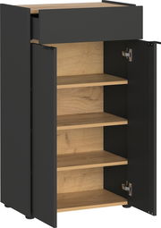 Schwarze Kommode mit Holzregalen, geöffnete Türen und Schublade, Frontansicht