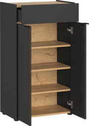 Schwarze Kommode mit Holzregalen, geöffnete Türen und Schublade, Frontansicht