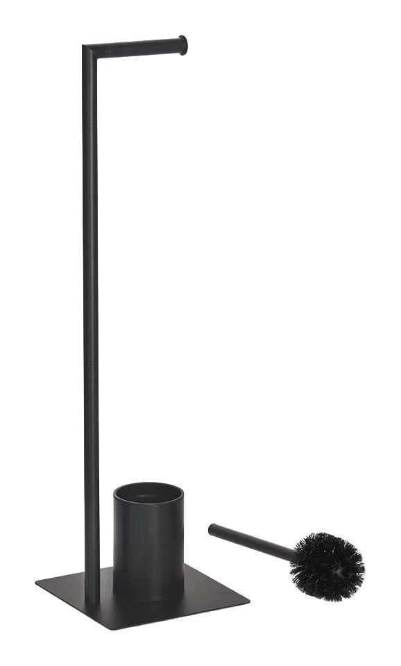 Schwarze WC-Garnitur mit Bürstenhalter und separater Bürste, seitliche Perspektive