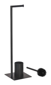 Schwarze WC-Garnitur mit Bürstenhalter und separater Bürste, seitliche Perspektive