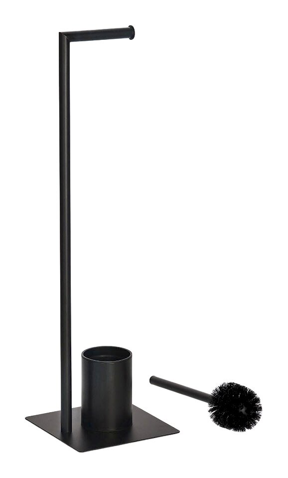 Schwarze WC-Garnitur mit Bürstenhalter und separater Bürste, seitliche Perspektive