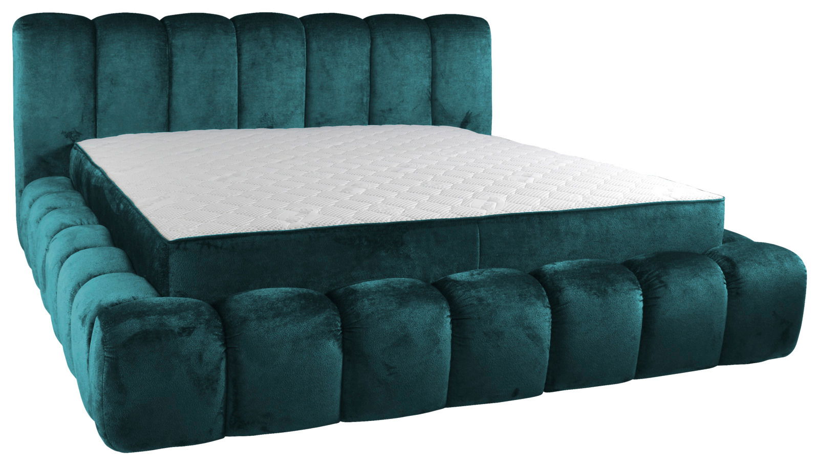 Polsterbett in smaragdgrünem Samt mit gestepptem Kopfteil, seitliche Perspektive