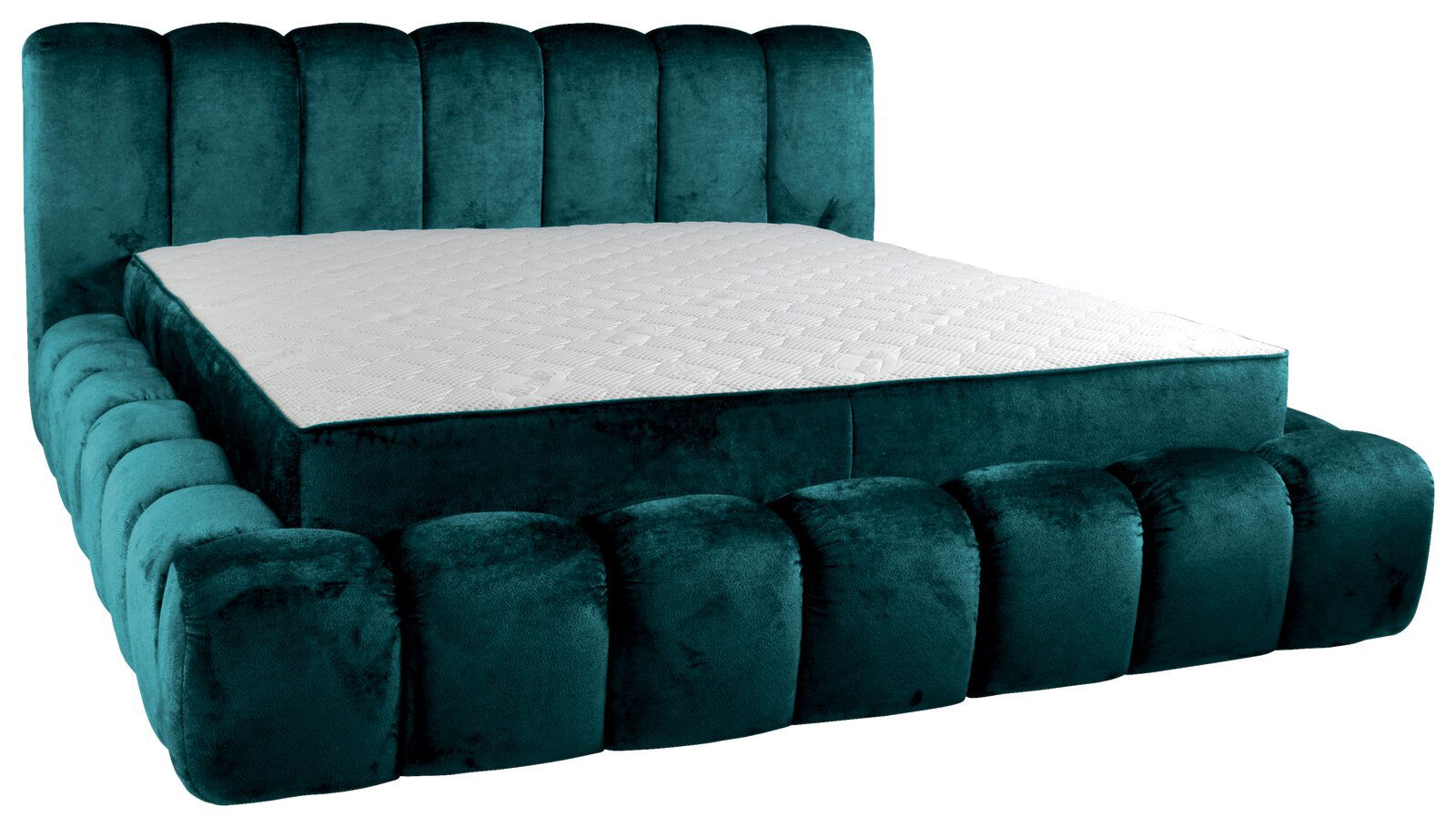 Polsterbett in smaragdgrünem Samt mit gestepptem Kopfteil, seitliche Perspektive