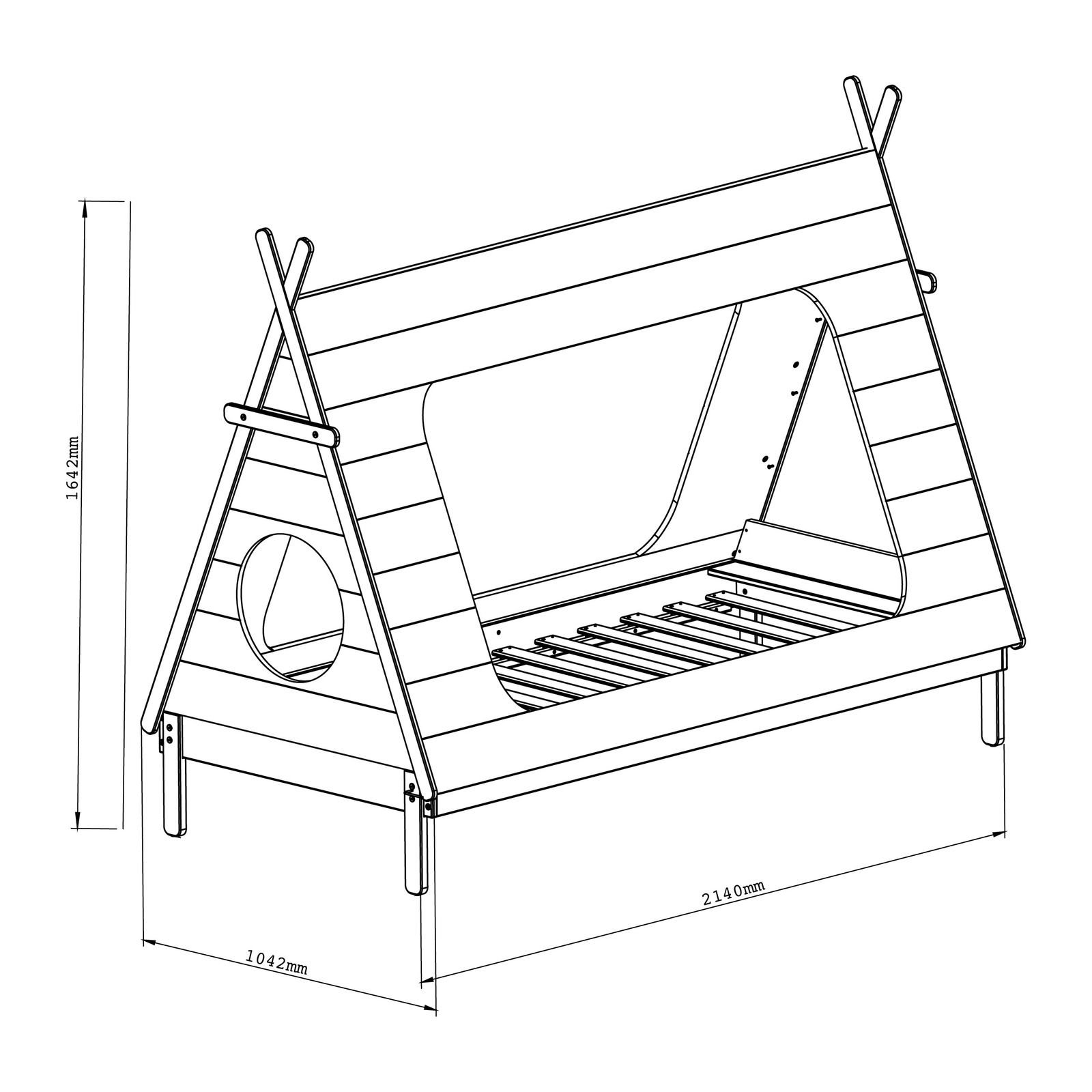 Kinderbett in Tipi-Form, seitliche Perspektive, mit runden und rechteckigen Öffnungen, Maße 1642mm Höhe, 1042mm Breite, 2140mm Länge.
