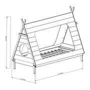 Kinderbett in Tipi-Form, seitliche Perspektive, mit runden und rechteckigen Öffnungen, Maße 1642mm Höhe, 1042mm Breite, 2140mm Länge.