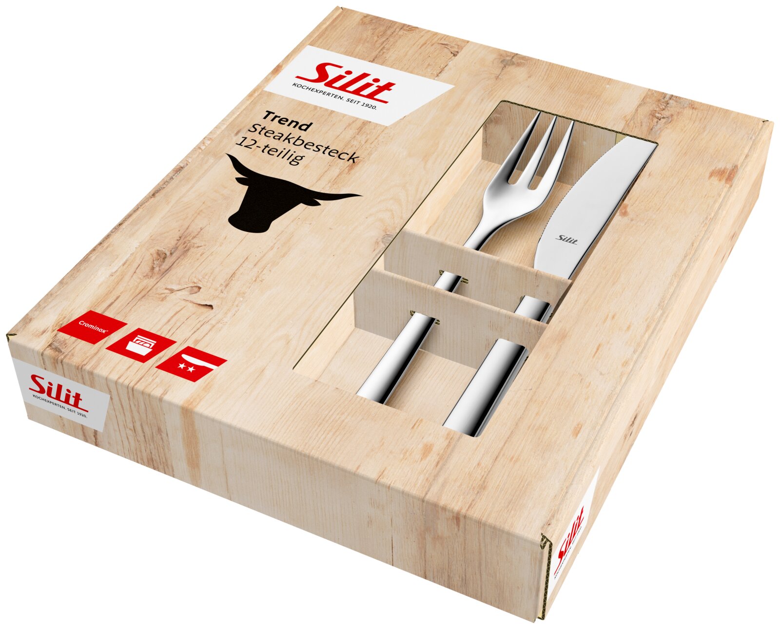 Silit Trend steakbestek, 12-delig, in een verpakking met houtlook en kijkvenster, mes en vork van roestvrij staal, schuin van bovenaf in driekwartperspectief