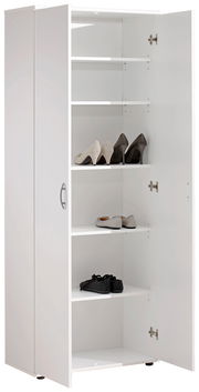 Weißer XL-Schuhschrank mit geöffneter Tür, zeigt mehrere Regalböden mit verschiedenen Schuhen, seitliche Perspektive.