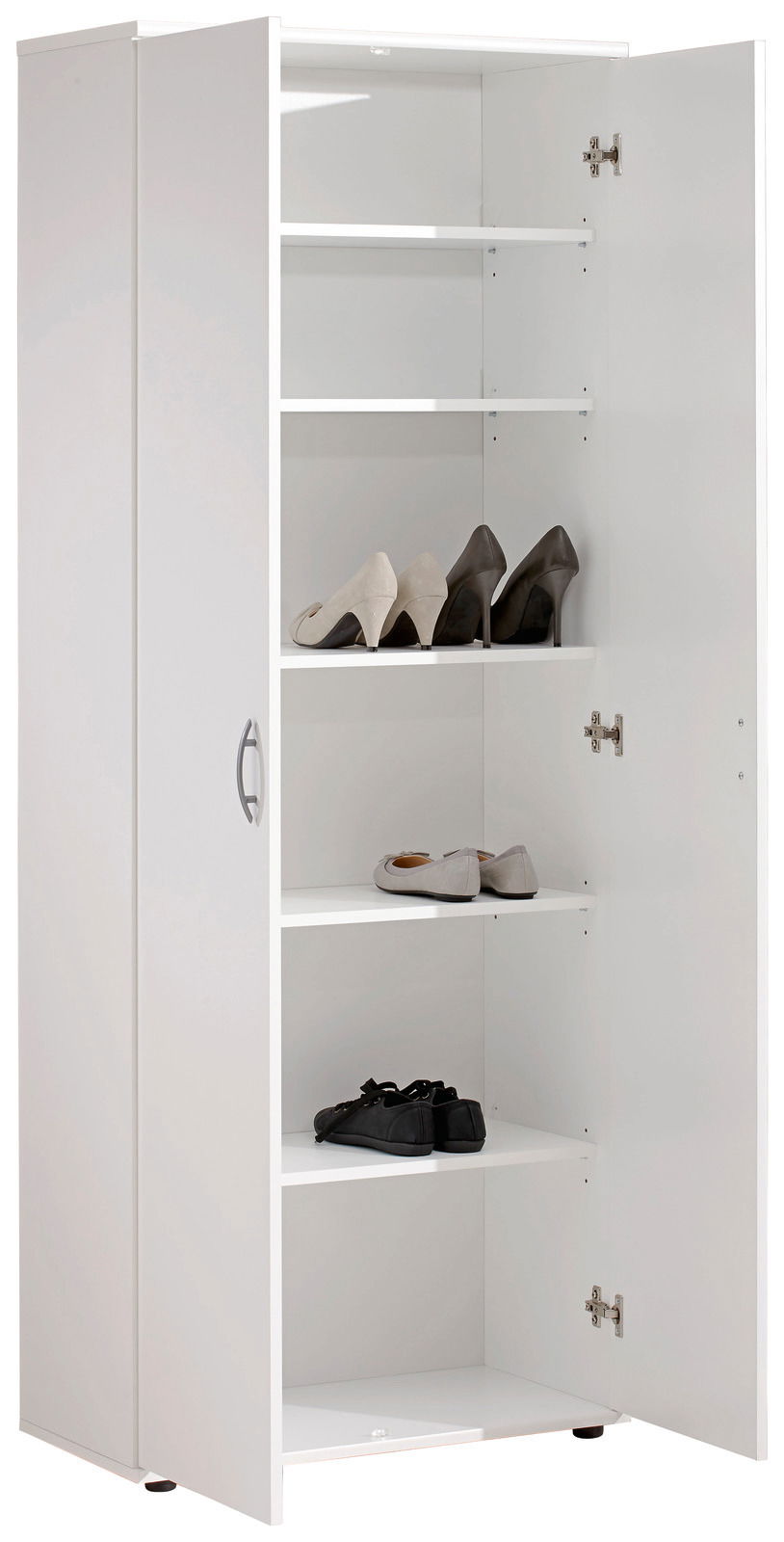 Weißer XL-Schuhschrank mit geöffneter Tür, zeigt mehrere Regalböden mit verschiedenen Schuhen, seitliche Perspektive.