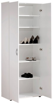 Weißer XL-Schuhschrank mit geöffneter Tür, zeigt mehrere Regalböden mit verschiedenen Schuhen, seitliche Perspektive.
