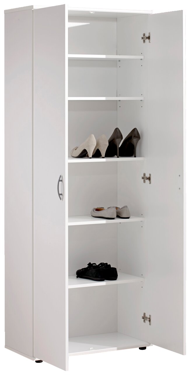 Weißer XL-Schuhschrank mit geöffneter Tür, zeigt mehrere Regalböden mit verschiedenen Schuhen, seitliche Perspektive.