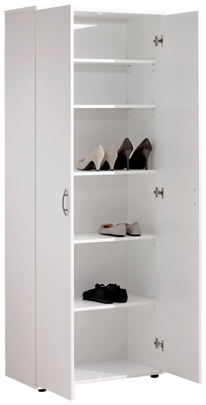 Weißer XL-Schuhschrank mit geöffneter Tür, zeigt mehrere Regalböden mit verschiedenen Schuhen, seitliche Perspektive.