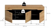 TV-Lowboard in Holzoptik mit zwei geöffneten Türen und schwarzen Ablagefächern, Maße 120 x 43 x 37 cm, Tragkraft oben 15 kg und je Fachboden 5 kg, Frontansicht leicht von oben