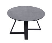 Runder Couchtisch mit grauer Tischplatte und schwarzem Metallgestell, Ansicht von vorne