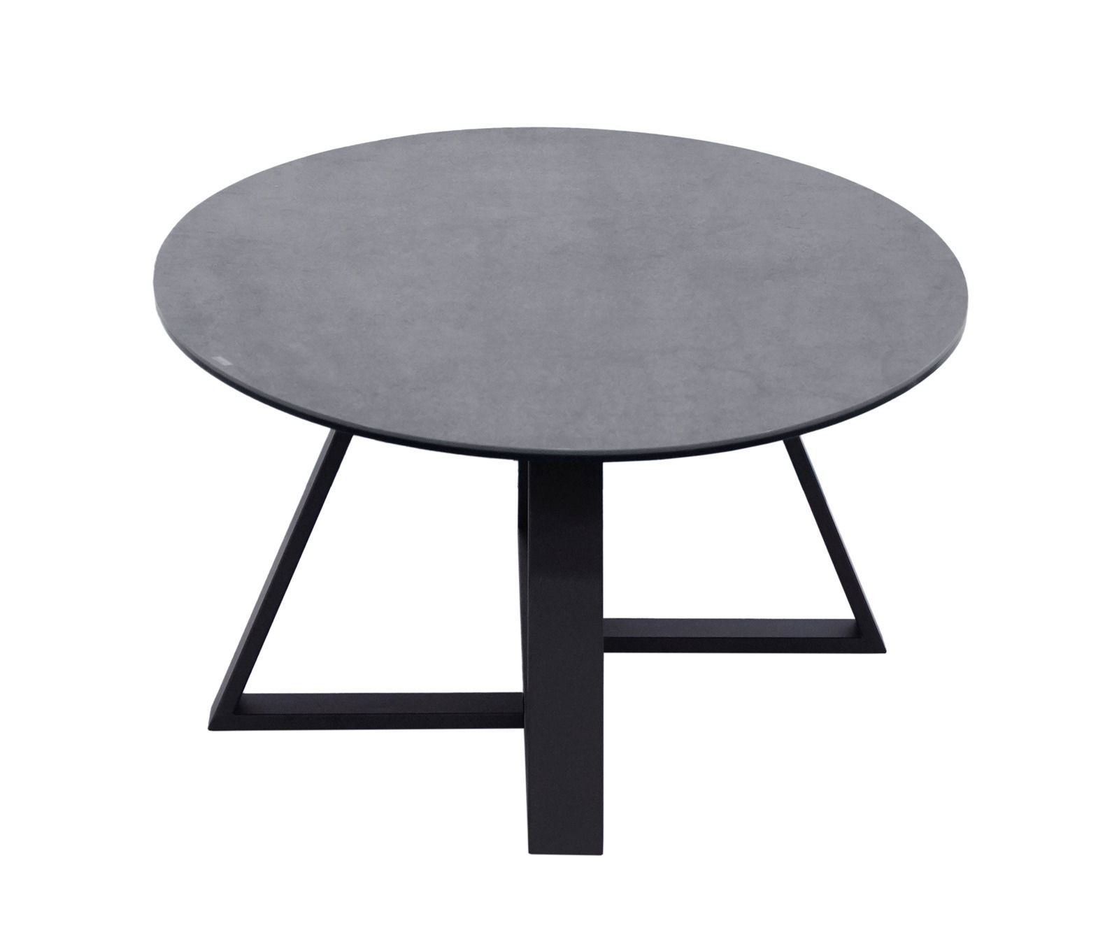 Runder Couchtisch mit grauer Tischplatte und schwarzem Metallgestell, Ansicht von vorne