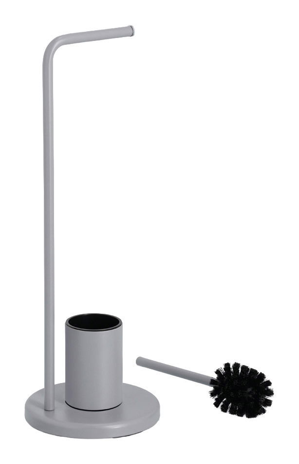 Graue WC-Garnitur mit Bürstenhalter und Toilettenbürste, seitliche Perspektive