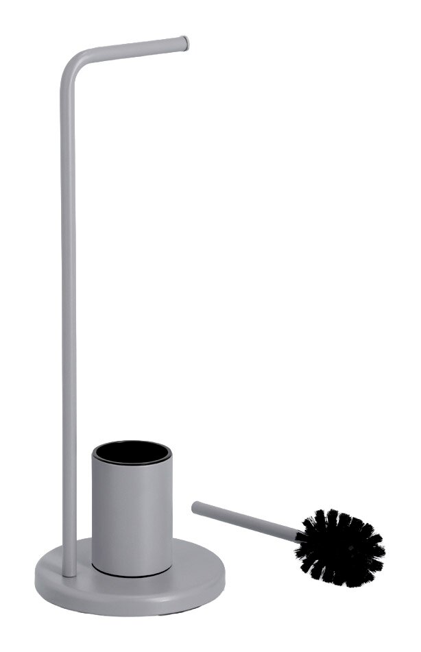 Graue WC-Garnitur mit Bürstenhalter und Toilettenbürste, seitliche Perspektive