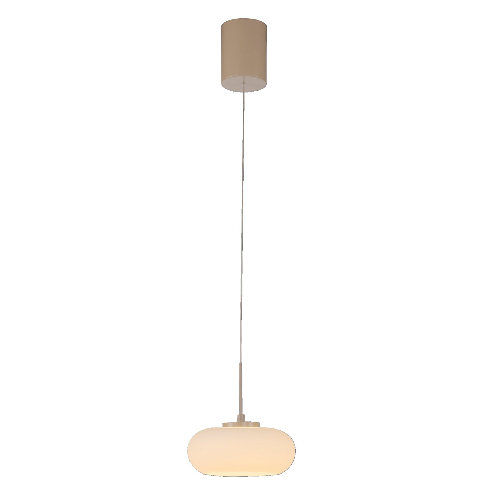 Schöner Wohnen LED-hanglamp RIVERA Moderne hanglamp met een ovale, opaalwitte glazen kap en een metalen ophanging aan een lange kabel tegen een grijze achtergrond, gezien van voren