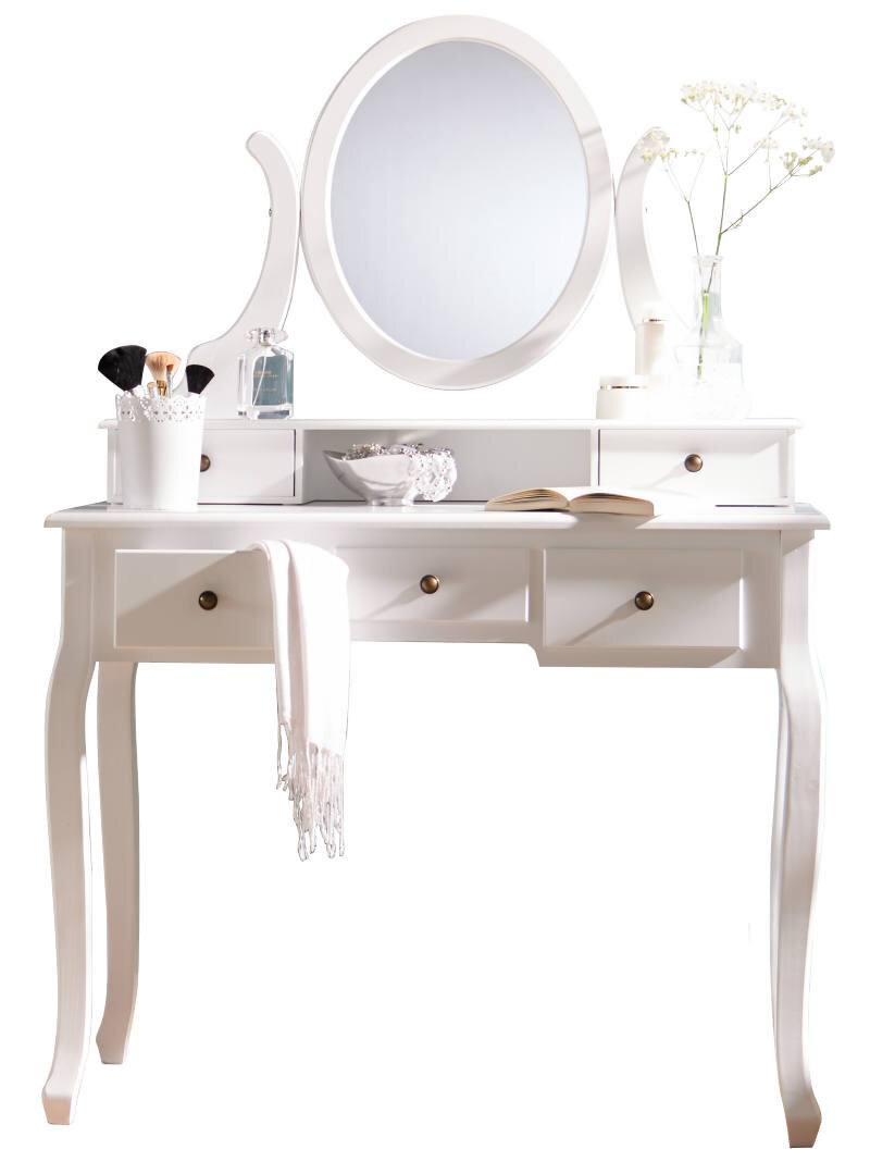 Landscape Schminktisch CLARA Weißer Schminktisch mit ovalem Spiegel, dekoriert mit Blumen und Kosmetikartikeln, Frontalansicht