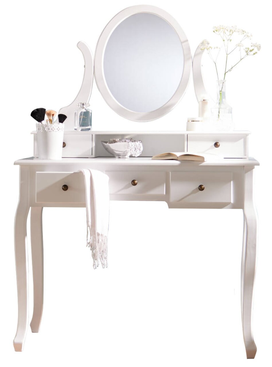 Landscape Schminktisch CLARA Weißer Schminktisch mit ovalem Spiegel, dekoriert mit Blumen und Kosmetikartikeln, Frontalansicht