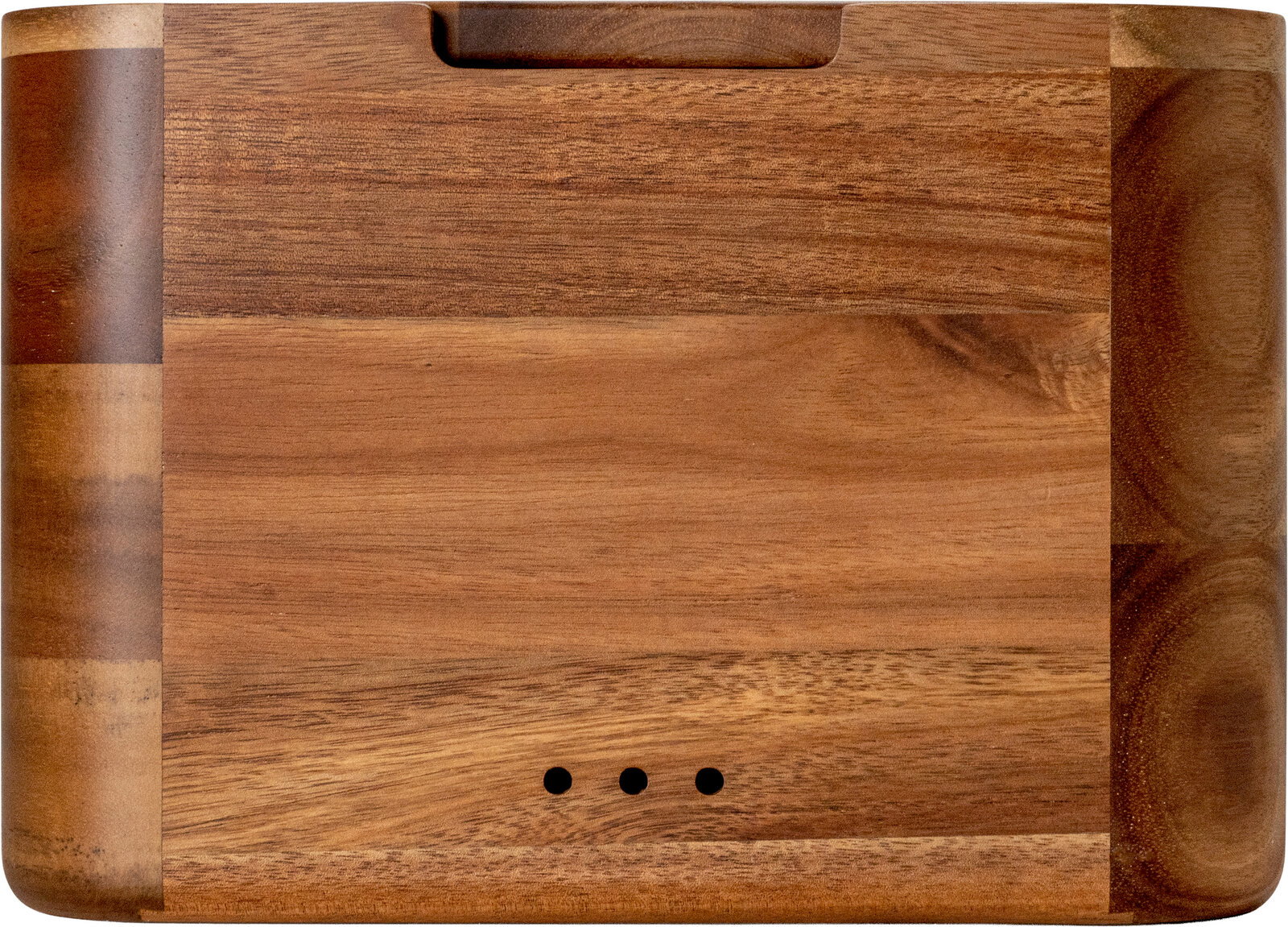 Rechteckiges Holz-Schneidebrett mit Griffmulde oben und drei kleinen Löchern unten, Draufsicht von oben