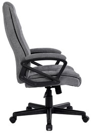 Grauer Homeoffice-Drehstuhl von der Seite mit gepolstertem Sitz und Rückenlehne, Armlehnen und Rollenfuß.